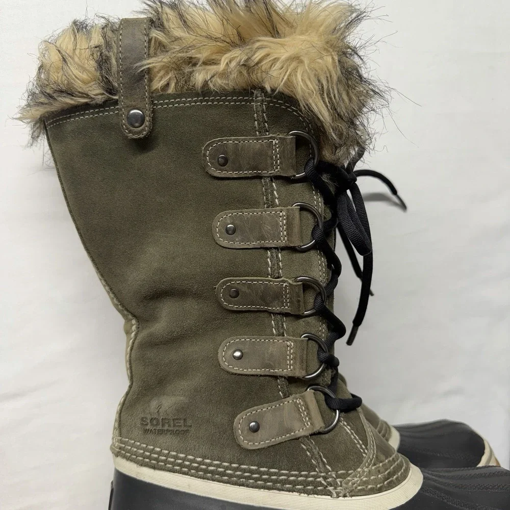 Sorel Waterproof Winter Boots Womens 7 Olive Leather Faux Fur‎ Tall Snow Boots